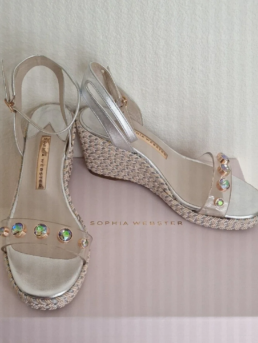 Sophia Webster Silver Wedge Sandals with Iridescent Gem Details